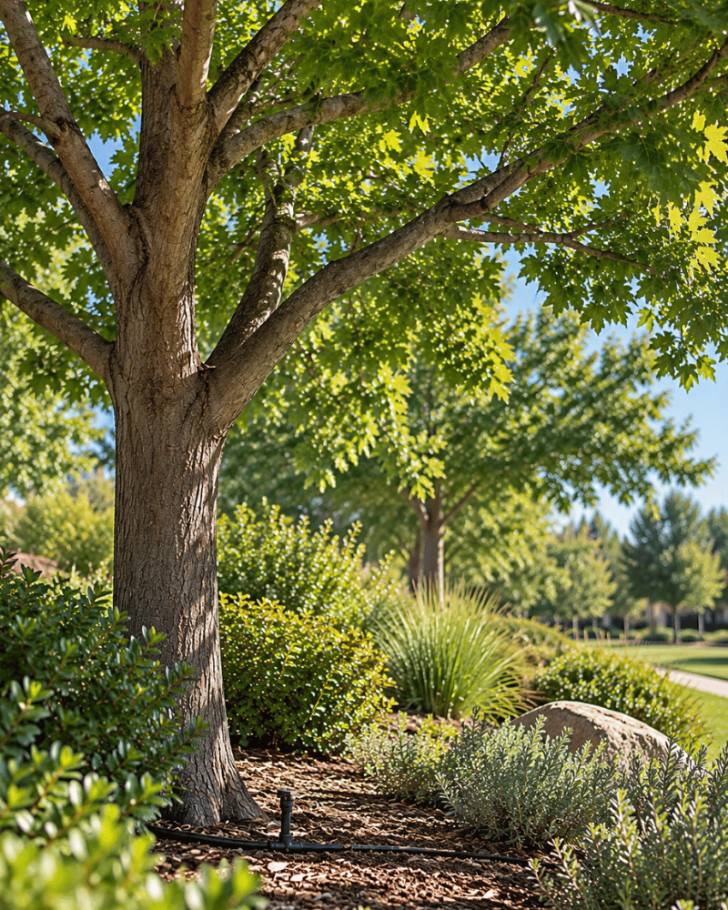 Large tree with a thick trunk and wide branches, dense green leaves overhead, with a landscaped garden bed of shrubs and grasses along a curved walkway under a bright blue sky.